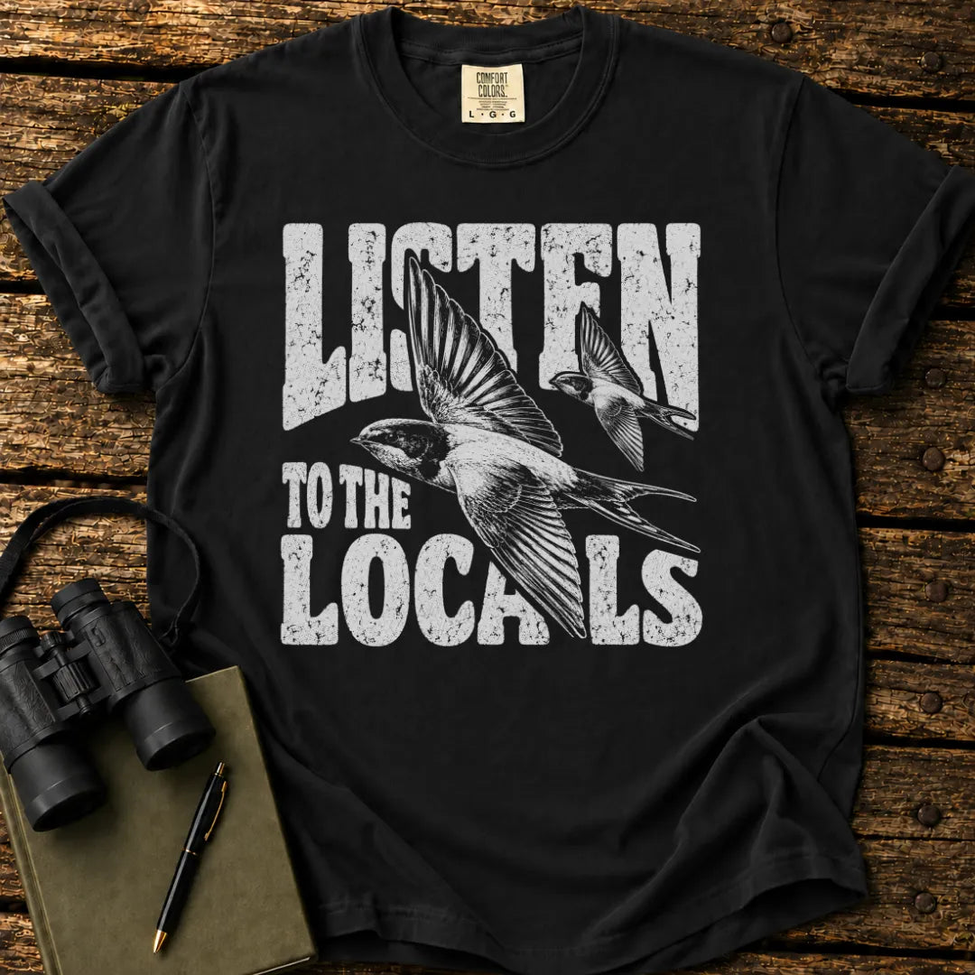 Illustrated Swallow design on a retro-style birdwatching t-shirt