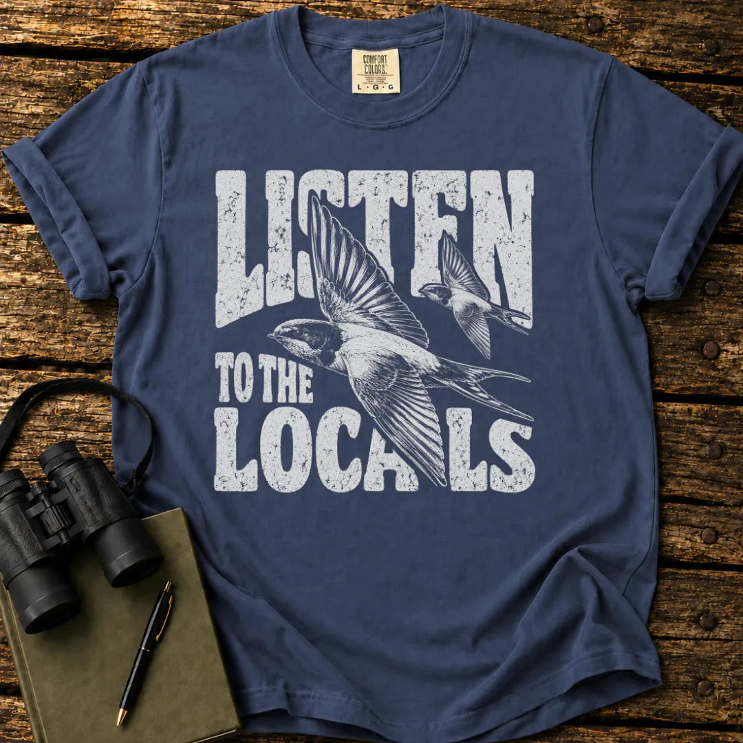 Illustrated Swallow design on a retro-style birdwatching t-shirt