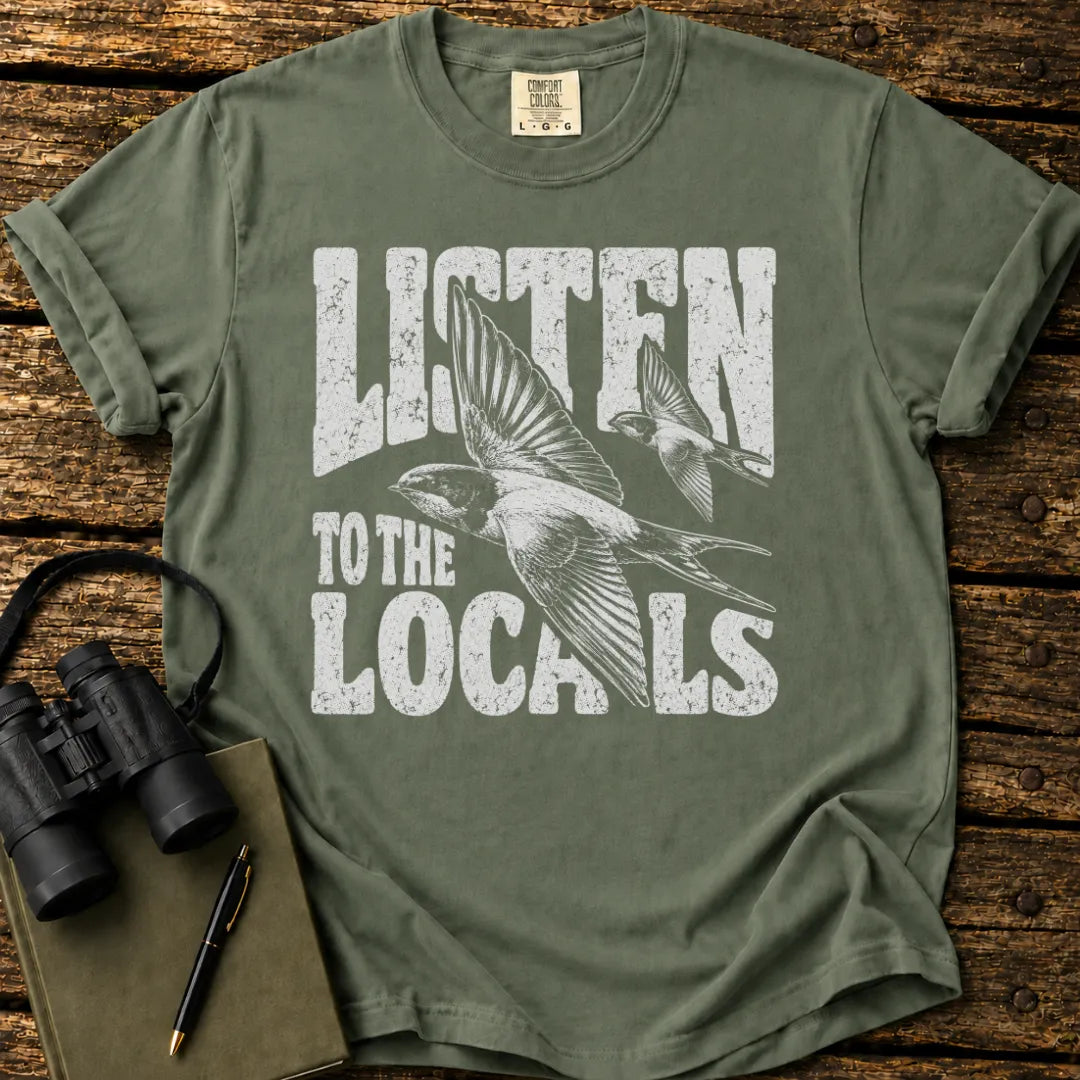 Illustrated Swallow design on a retro-style birdwatching t-shirt