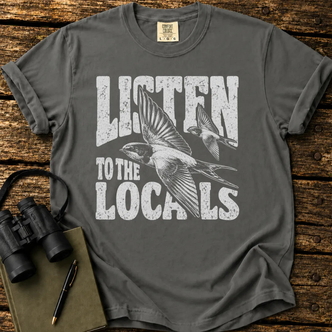 Illustrated Swallow design on a retro-style birdwatching t-shirt