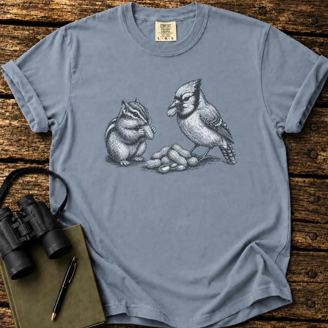 Illustrated Blue Jay design on a retro-style birdwatching t-shirt
