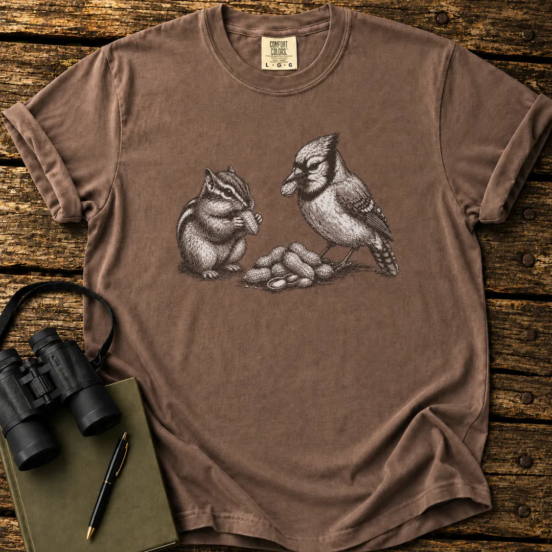 Illustrated Blue Jay design on a retro-style birdwatching t-shirt