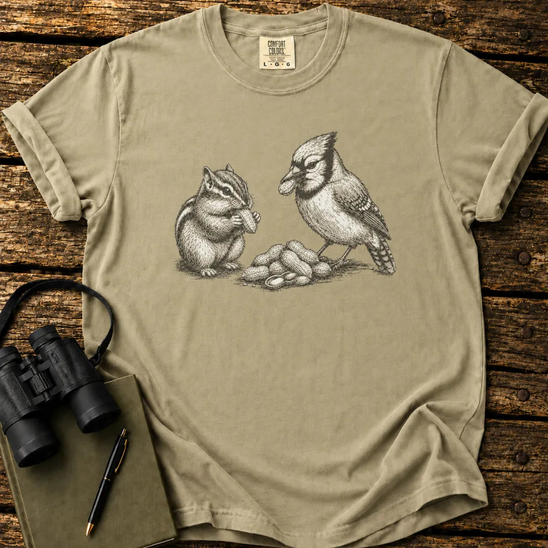 Illustrated Blue Jay design on a retro-style birdwatching t-shirt
