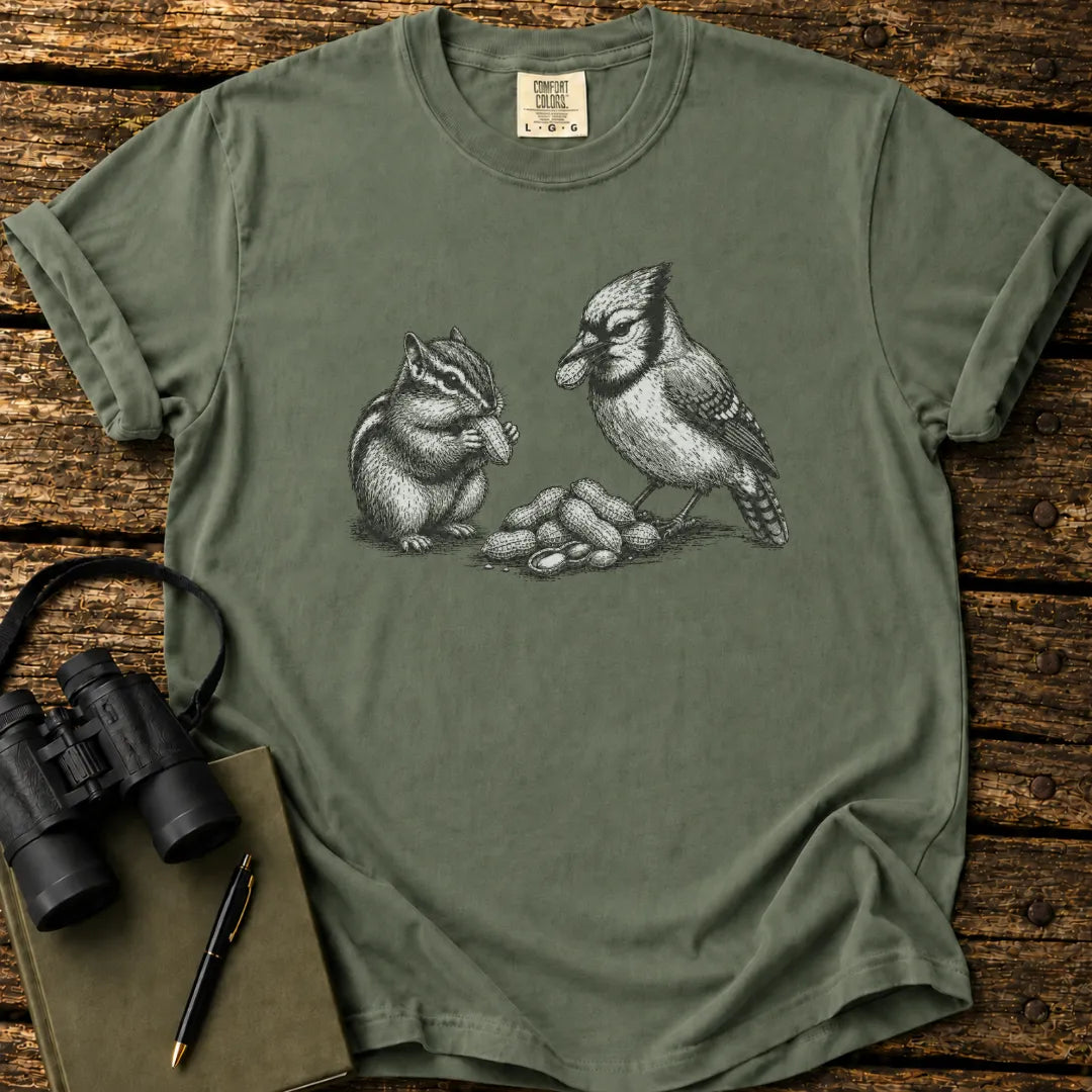 Illustrated Blue Jay design on a retro-style birdwatching t-shirt