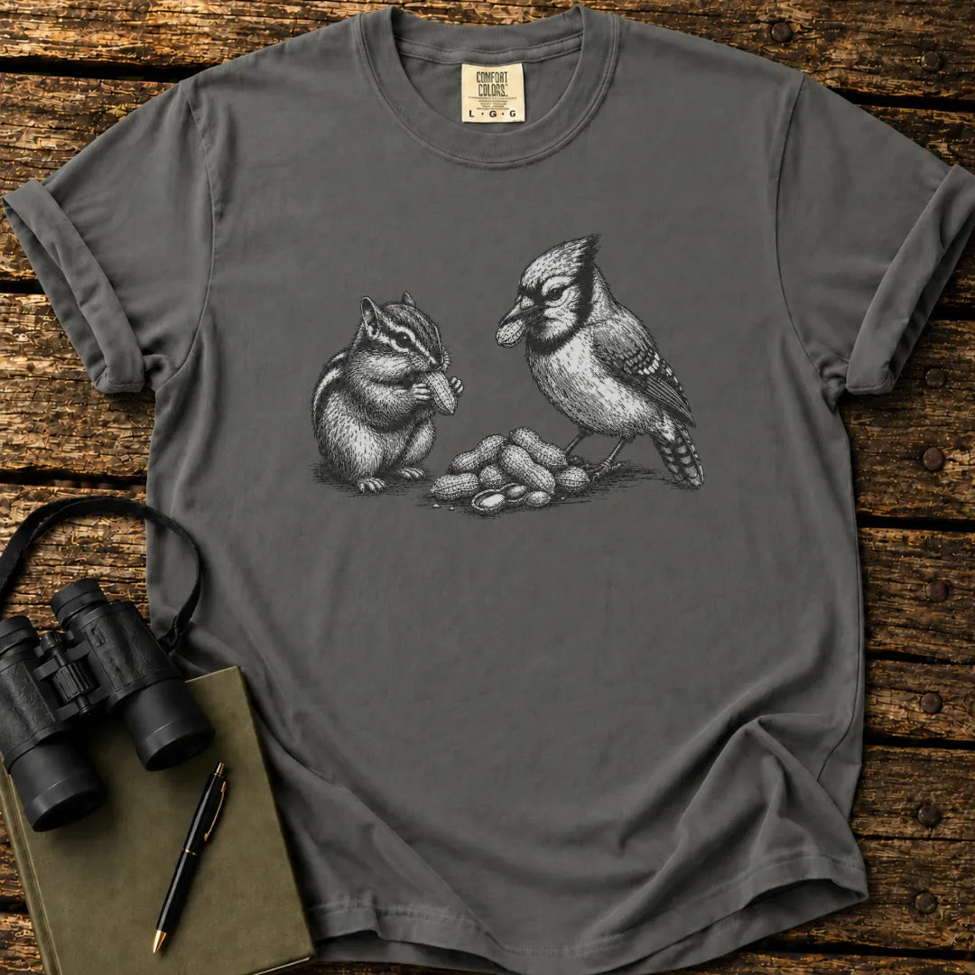 Illustrated Blue Jay design on a retro-style birdwatching t-shirt