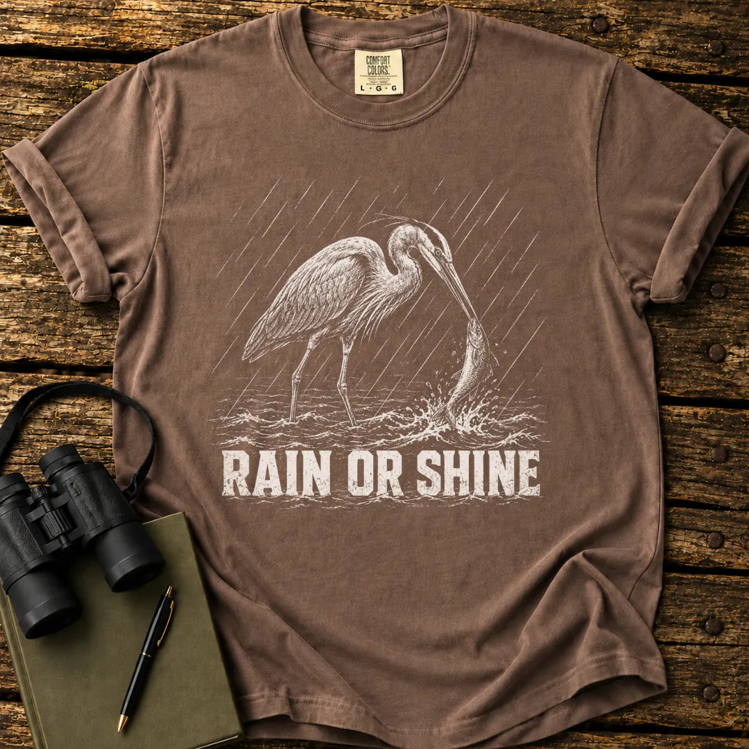 Illustrated Great Blue Heron design on a retro-style birdwatching t-shirt