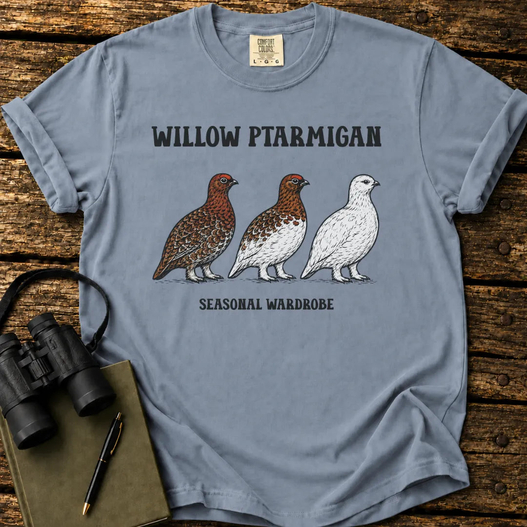 Illustrated Willow Ptarmigan design on a retro-style birdwatching t-shirt