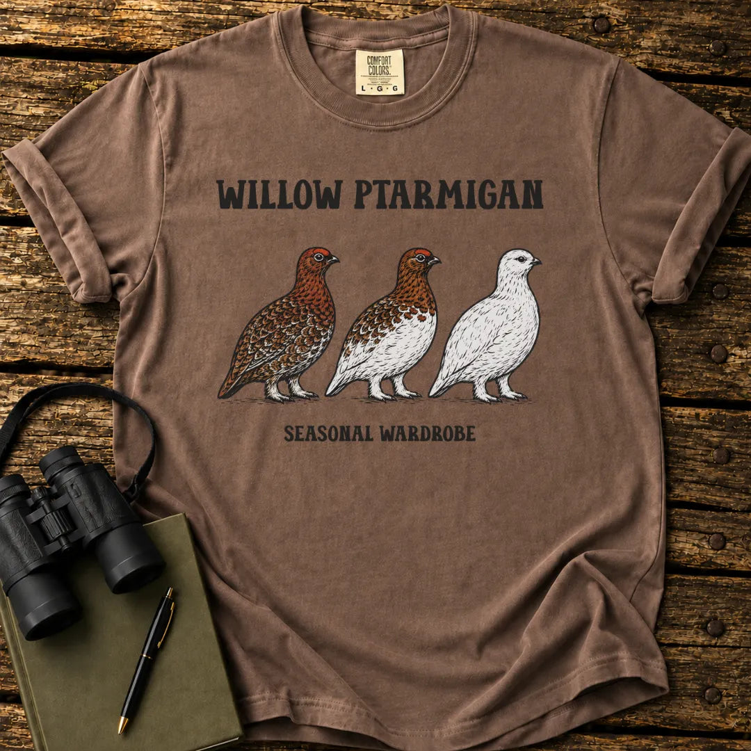 Illustrated Willow Ptarmigan design on a retro-style birdwatching t-shirt