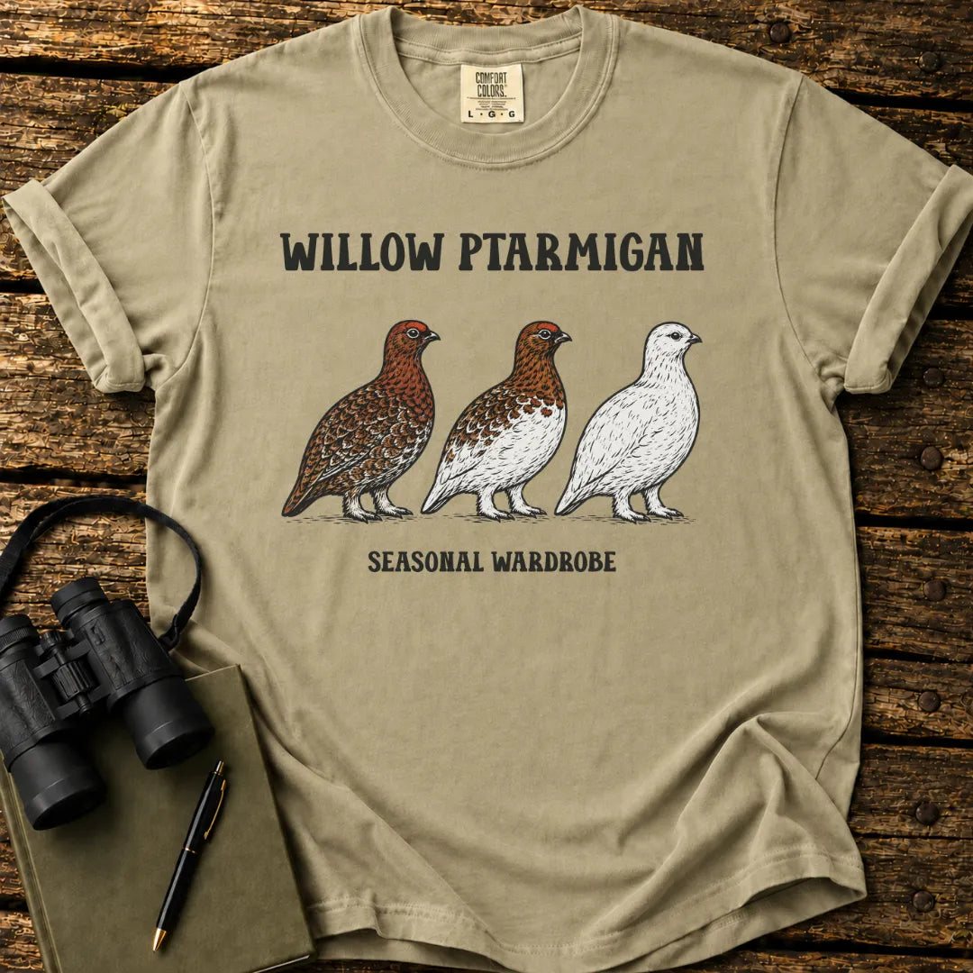 Illustrated Willow Ptarmigan design on a retro-style birdwatching t-shirt