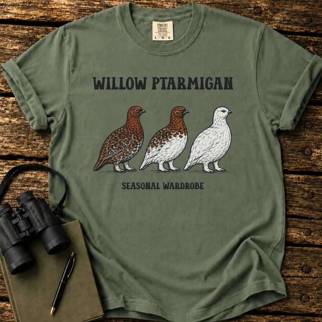 Illustrated Willow Ptarmigan design on a retro-style birdwatching t-shirt