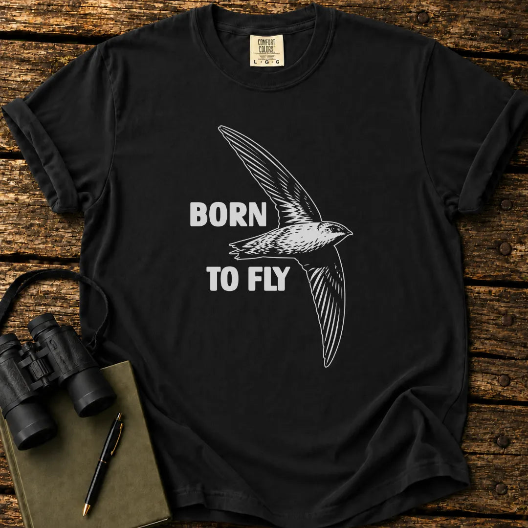Illustrated Swift in flight on a retro-style birdwatching t-shirt