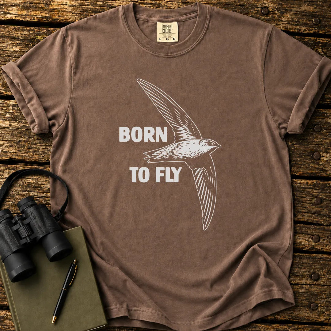Illustrated Swift in flight on a retro-style birdwatching t-shirt