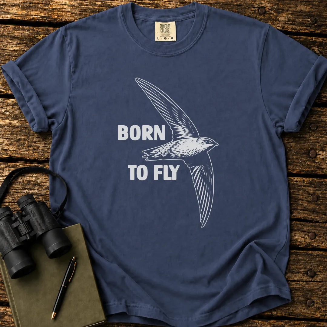 Illustrated Swift in flight on a retro-style birdwatching t-shirt