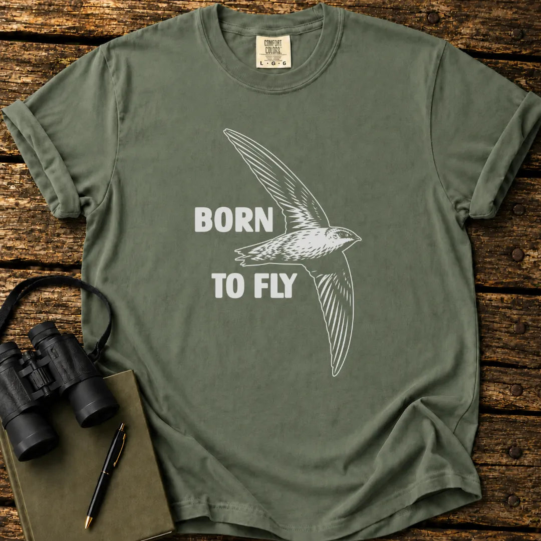 Illustrated Swift in flight on a retro-style birdwatching t-shirt
