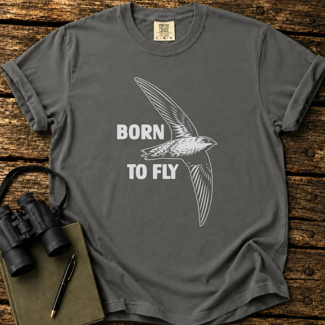 Illustrated Swift in flight on a retro-style birdwatching t-shirt