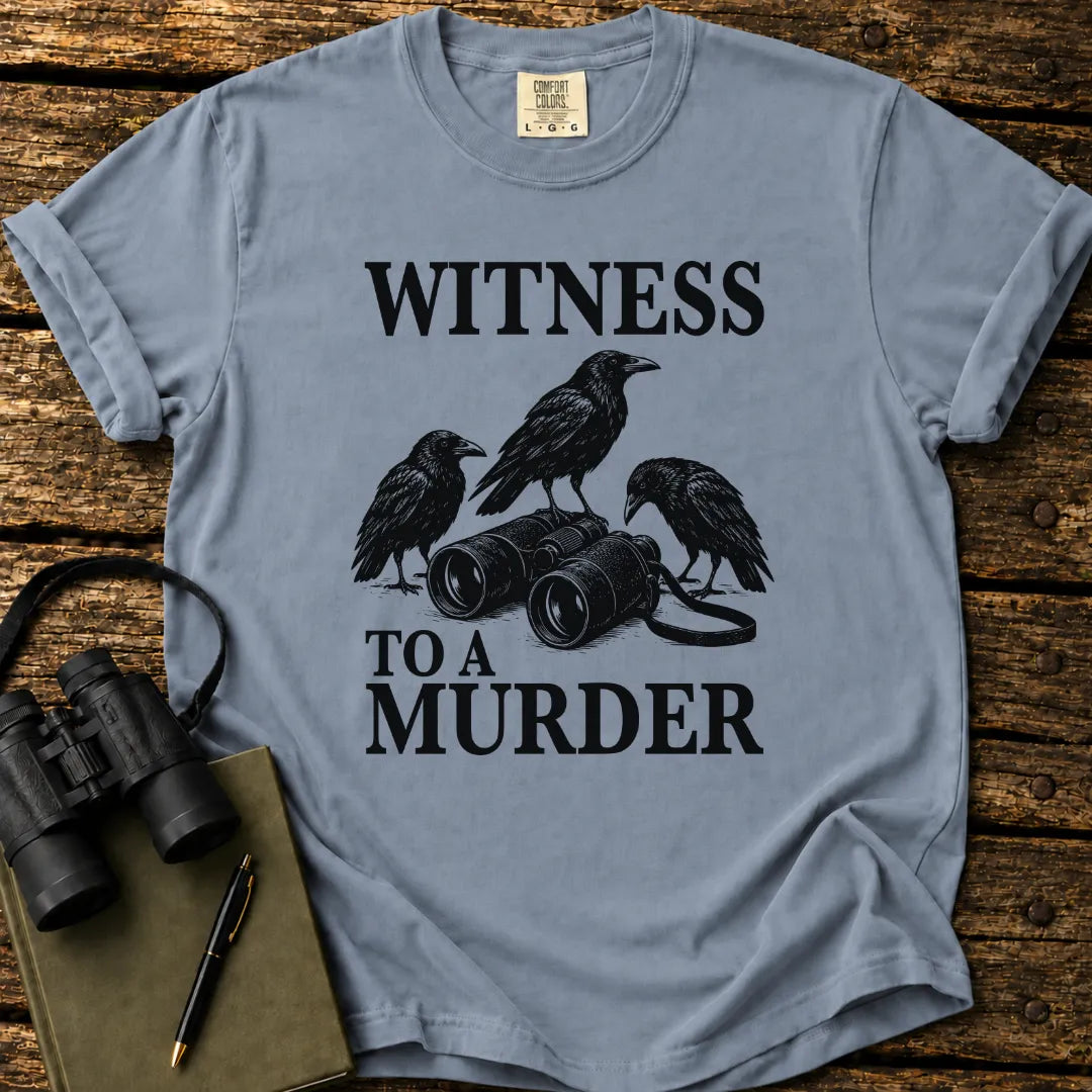 Illustrated American Crows viewed through binoculars on a graphic t-shirt