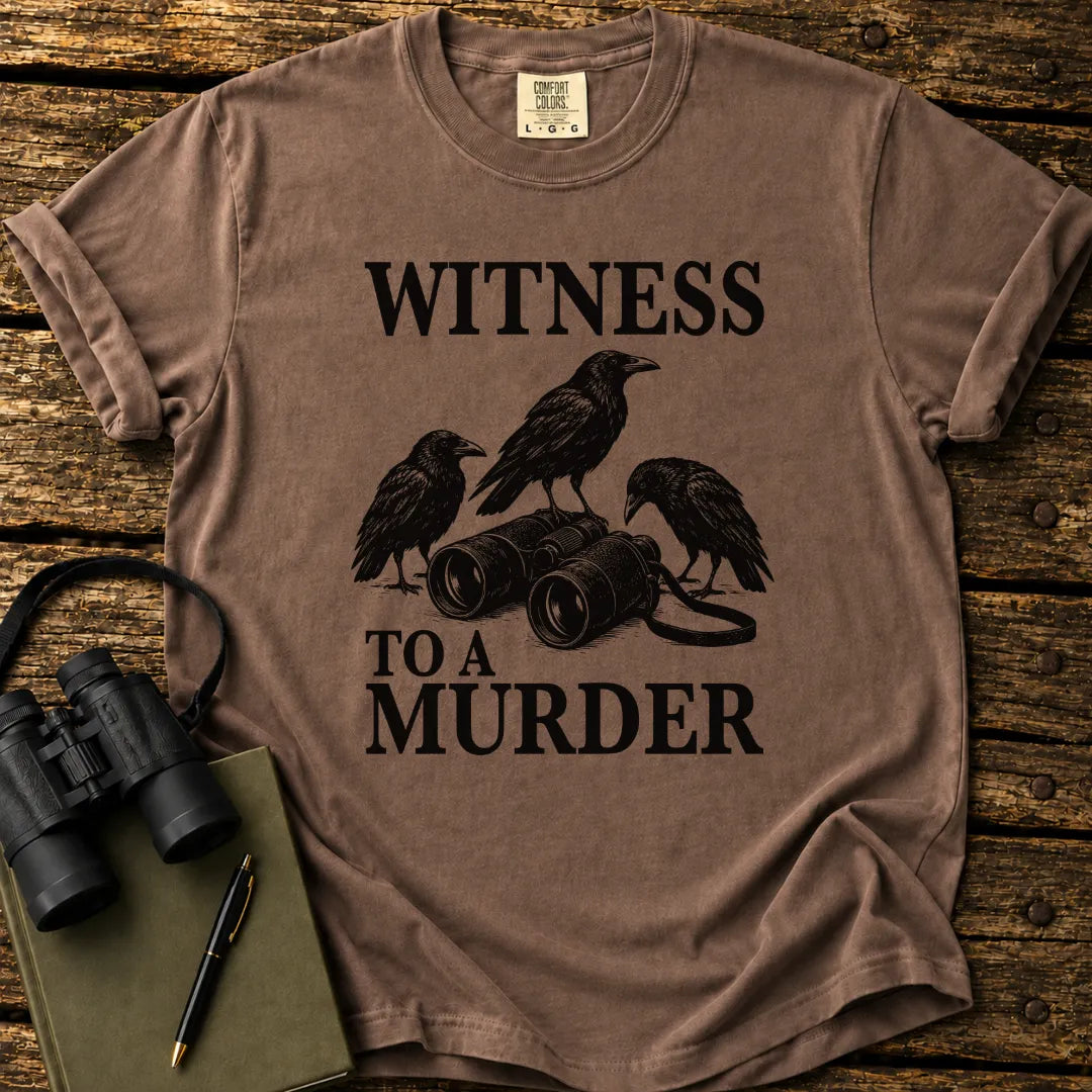 Illustrated American Crows viewed through binoculars on a graphic t-shirt