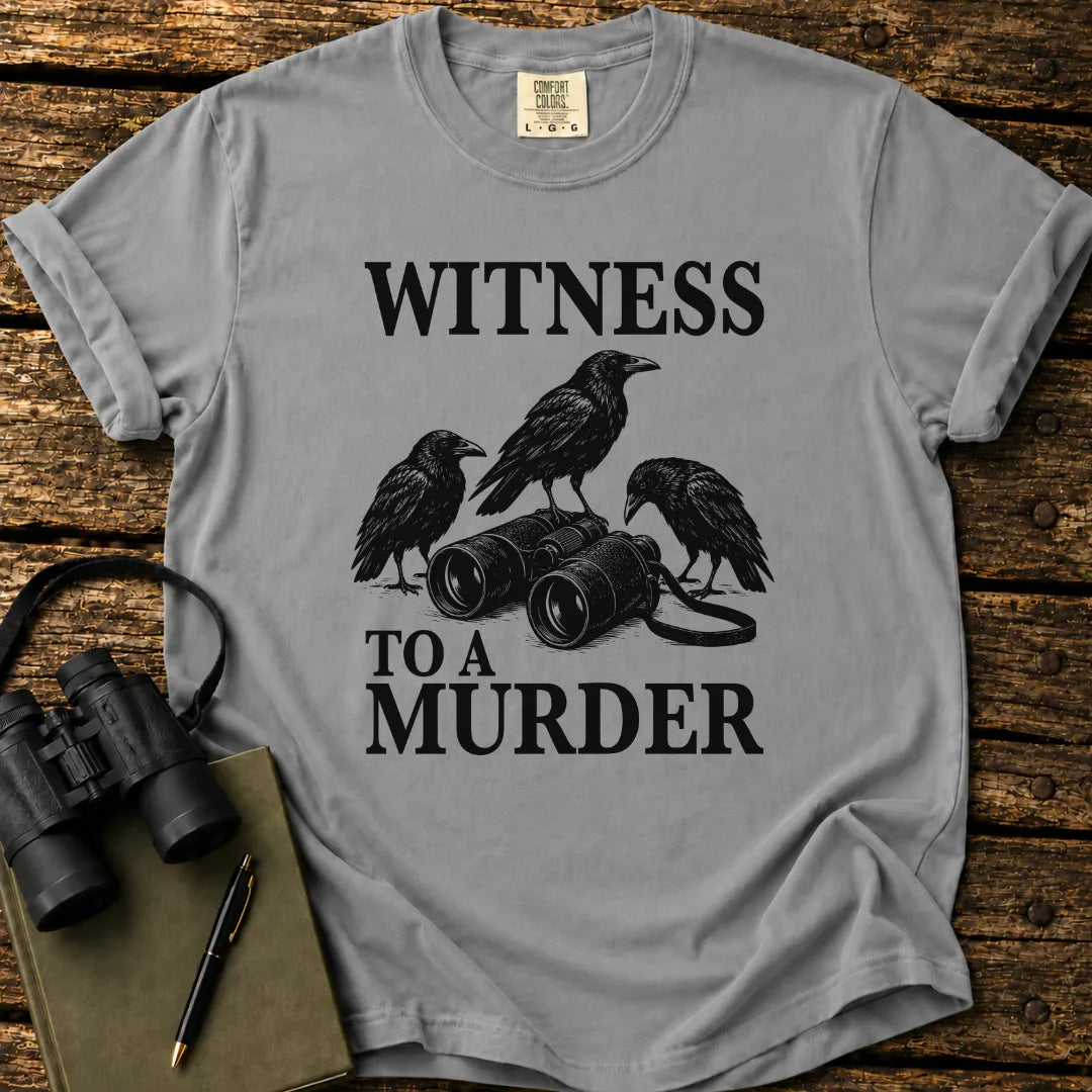 Illustrated American Crows viewed through binoculars on a graphic t-shirt