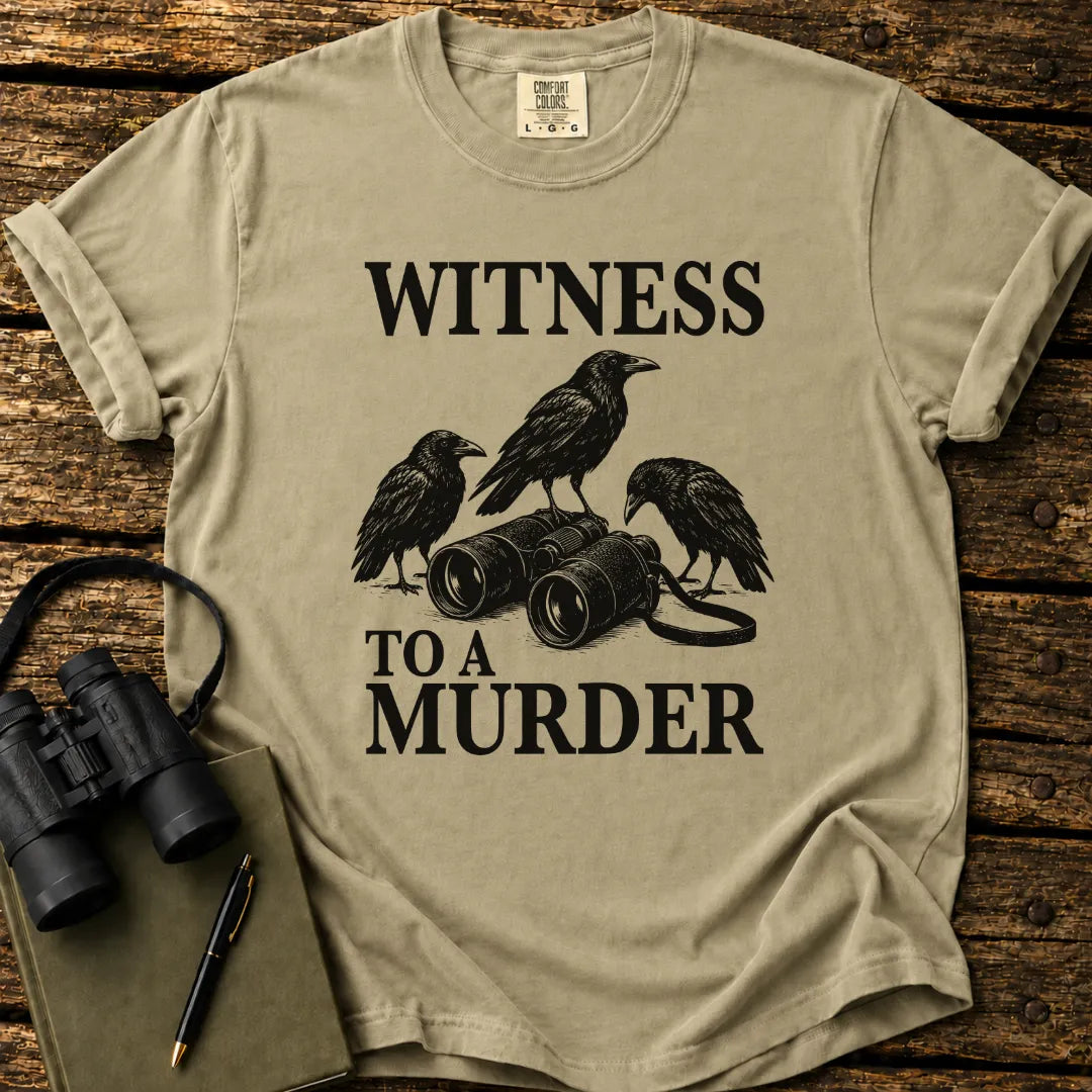 Illustrated American Crows viewed through binoculars on a graphic t-shirt