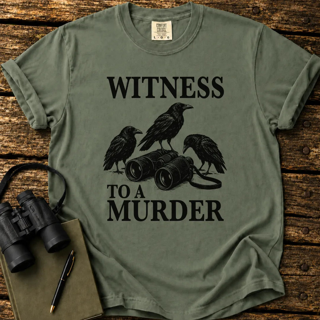 Illustrated American Crows viewed through binoculars on a graphic t-shirt